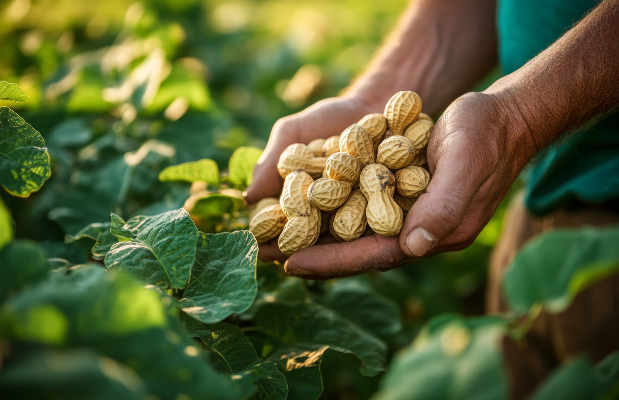 Manos sosteniendo cacahuetes con cáscara entre hojas verdes
