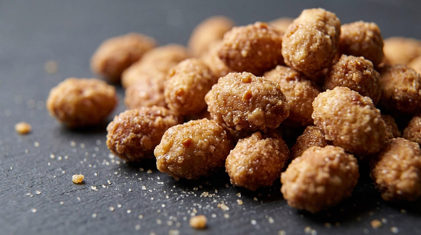 Detalle de cacahuetes recubiertos de wasabi y miel